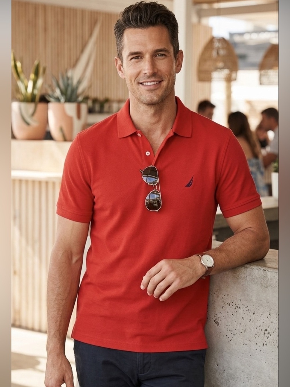 Nautica Fit Deck Polo Shirt Burnt Ochre Sz XL Logo 100% Cotton Two Button Collar